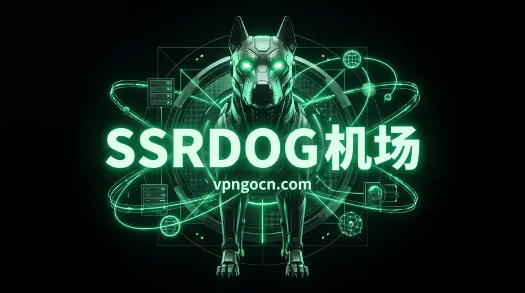 Futuristic neon green robotic dog centered with orbit lines and digital graphics, overlaid with bold text and a VPN website URL (banner-style image).