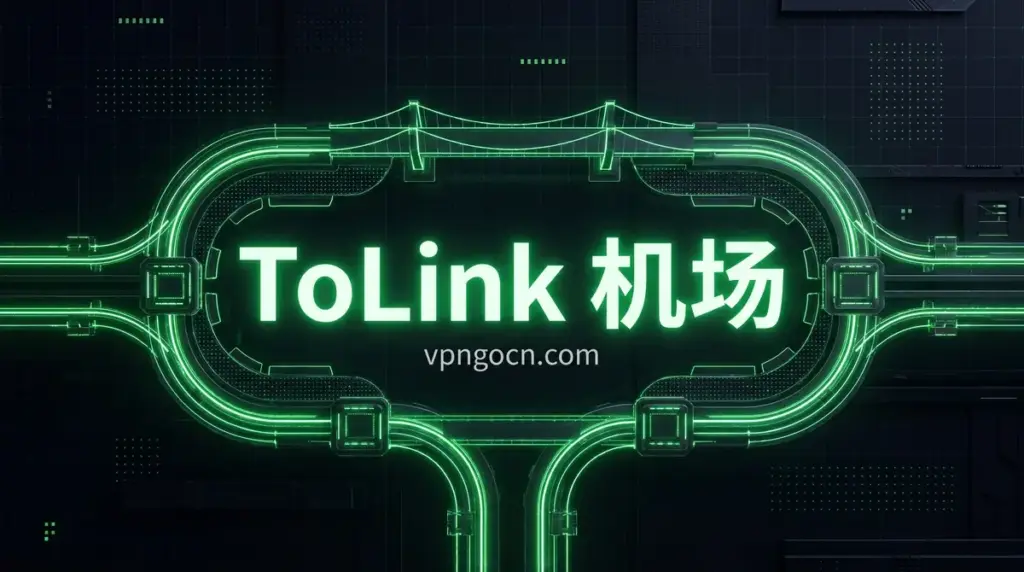 Glowing neon green circuit frame with the text 'ToLink 机场' and 'vpnocn.com' at center on a dark background.