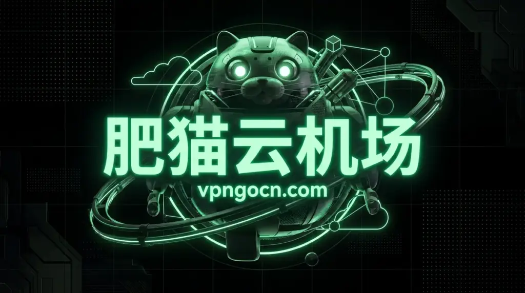 Neon green cyber cat mascot with the Chinese text 肥猫云机场 and the URL vpncn.com, branding for a VPN service.