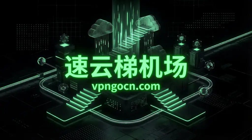 Neon green futuristic cloud-network scene with glowing stairs and cloud icons, featuring Chinese text and the URL vpncon.com.