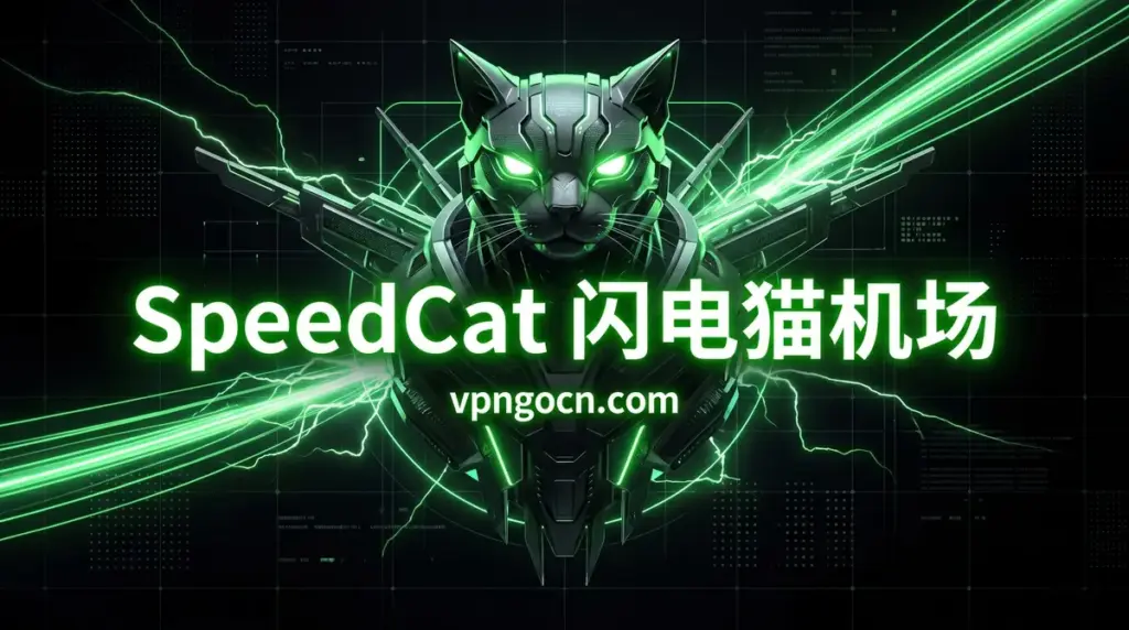 Green neon SpeedCat logo featuring a robotic cat with glowing green eyes and electric beams, overlaid with ‘SpeedCat 闪电猫机场’ and ‘vpnGcn.com’ text.