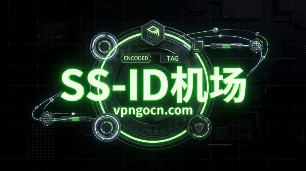 Neon green futuristic badge with circular rings, showing the text 'SS-ID 机场' and the website 'vpngcn.com' in glowing letters, set against a dark tech grid.