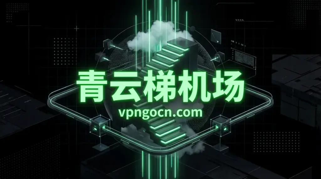 Green neon Chinese text '青云梯机场' with the URL vpngocn.com on a glowing, futuristic digital stage with cloud and circuit visuals